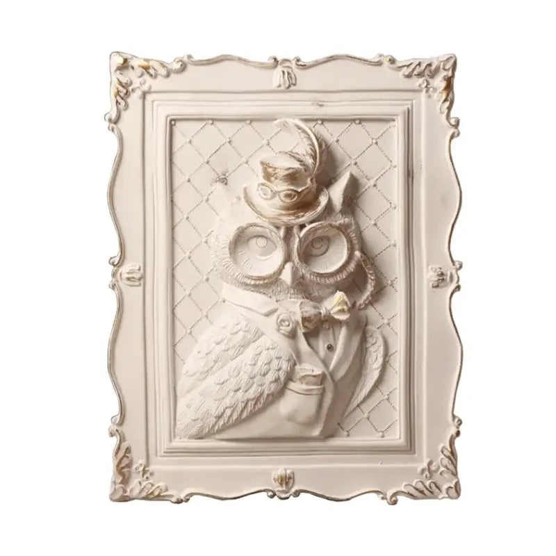 Antique white ornate wall decoration frame with detailed 3d owl relief wearing glasses and top hat for bedroom decor