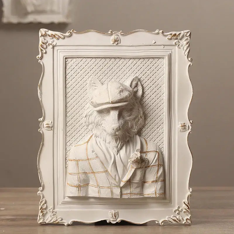 White ornate decoration frame holding a sculpted fox in a plaid suit for whimsical wall decoration frame use