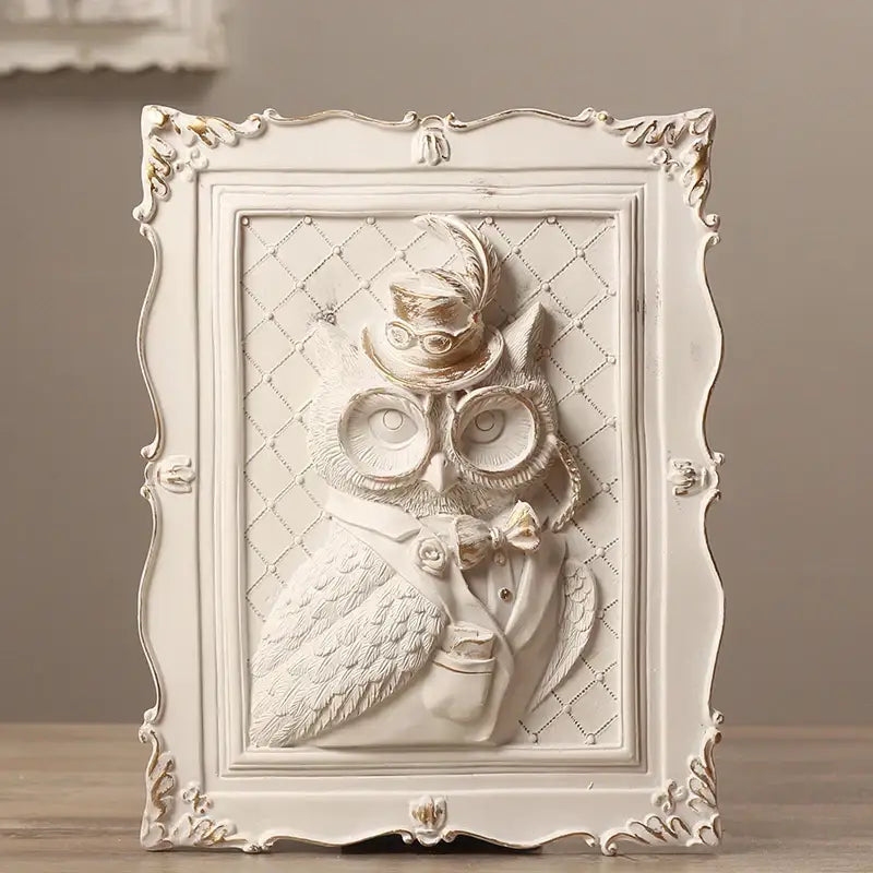 Whimsical white ornate owl sculpture with top hat and bow tie in vintage decoration frame wall decoration frame
