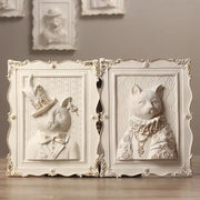 Whimsical white and gold ornate double-sided cat portrait wall decoration frame with intricate detailing for bedroom decor
