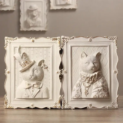Whimsical white and gold ornate double-sided cat portrait wall decoration frame with intricate detailing for bedroom decor