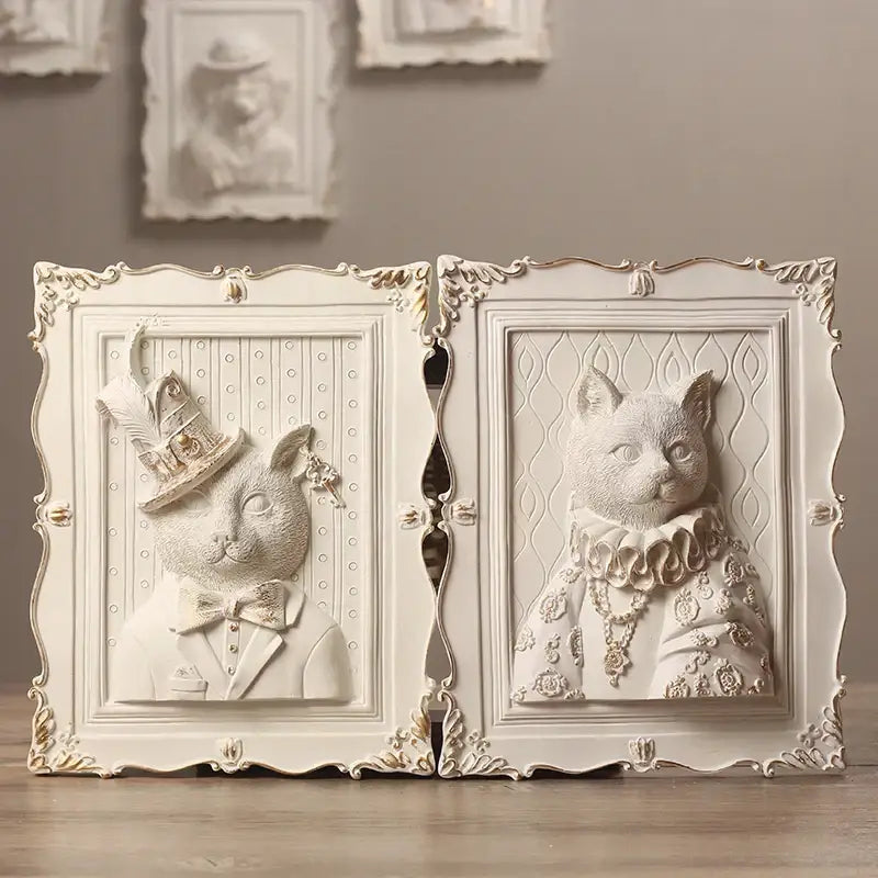 Whimsical white and gold ornate double-sided cat portrait wall decoration frame with intricate detailing for bedroom decor