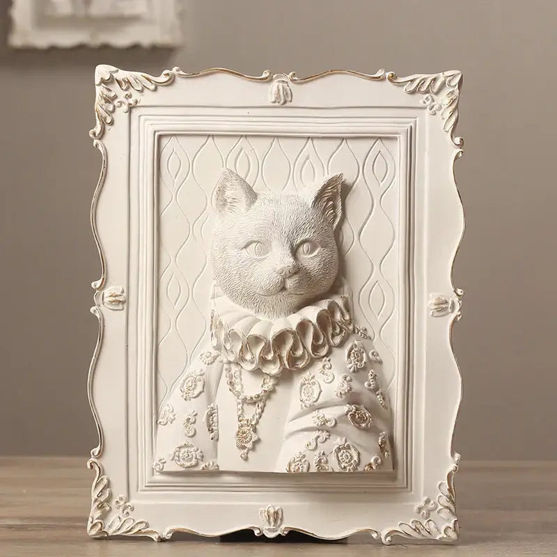 White ornate wall decoration frame featuring a sculpted cat portrait in regal detailed attire for bedroom decor