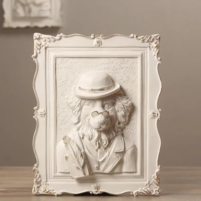 White ornate wall decoration frame featuring a sculpted lion portrait in gentleman attire for bedroom decor