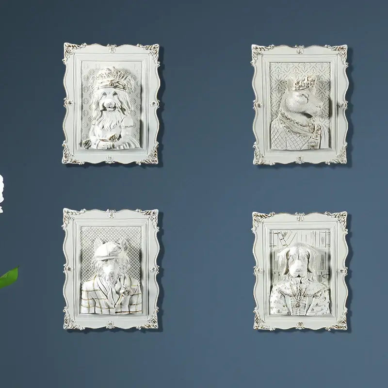 Set of four white ornate-framed 3d dog portraits in regal attire wall decoration frame for bedroom use