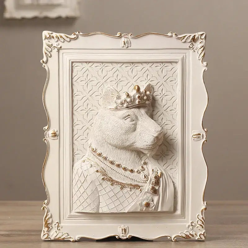 White ornate wall decoration frame featuring a sculpted crowned dog portrait in regal attire for bedroom decor