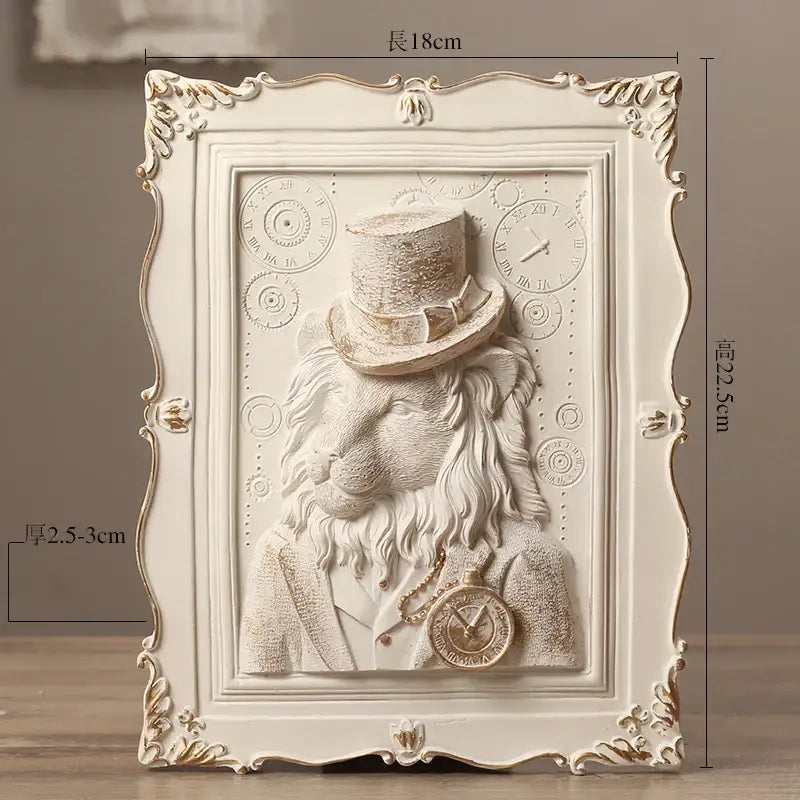 Ornate off-white wall decoration frame featuring a lion sculpture in gentleman’s attire with top hat and pocket watch
