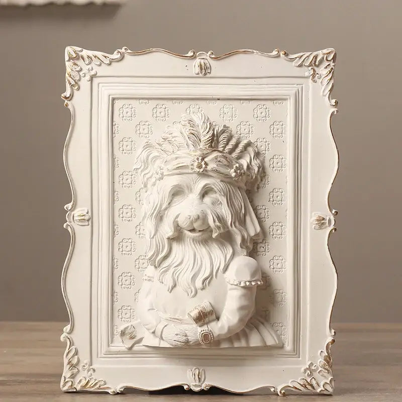 Whimsical white ornate relief lion wall decoration frame with gold crown for bedroom decoration frame