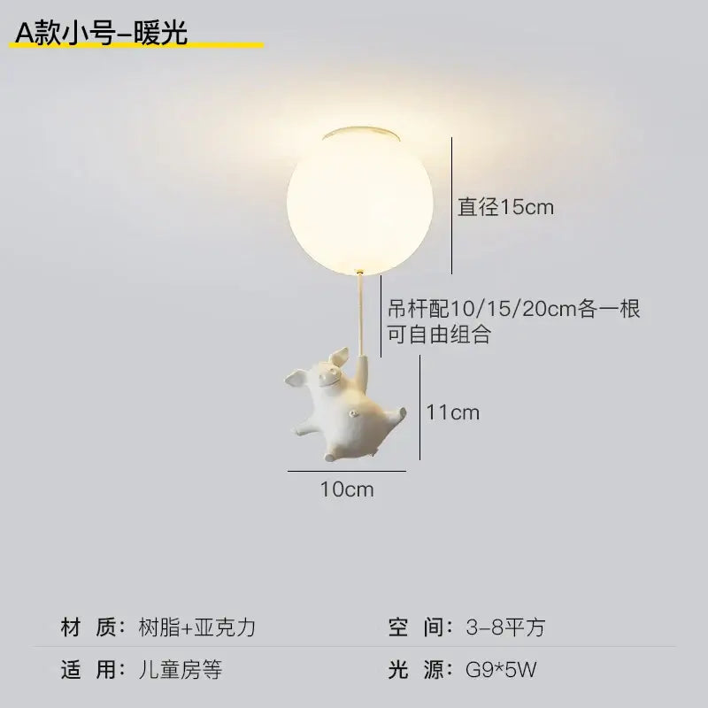 Whimsical white ceramic flying pig resin led ceiling light with frosted glass globe for bedroom lighting