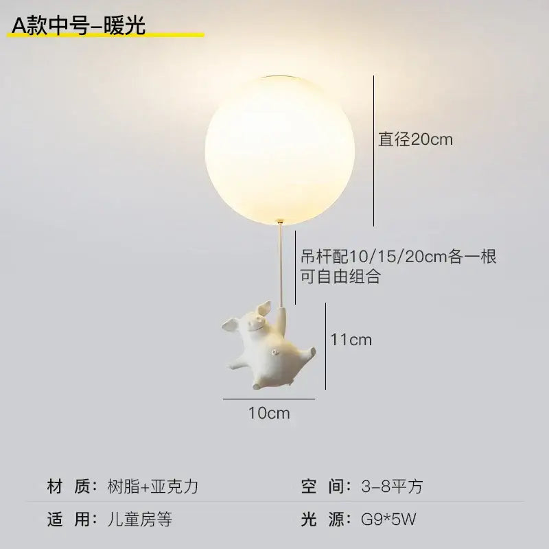 Whimsical white flying pig resin led ceiling light with frosted shade and adjustable rods for bedroom use