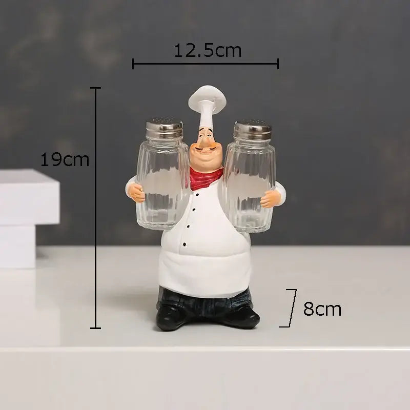 Whimsical bearded chef resin figure in white coat holding glass salt and pepper shakers kitchen decor
