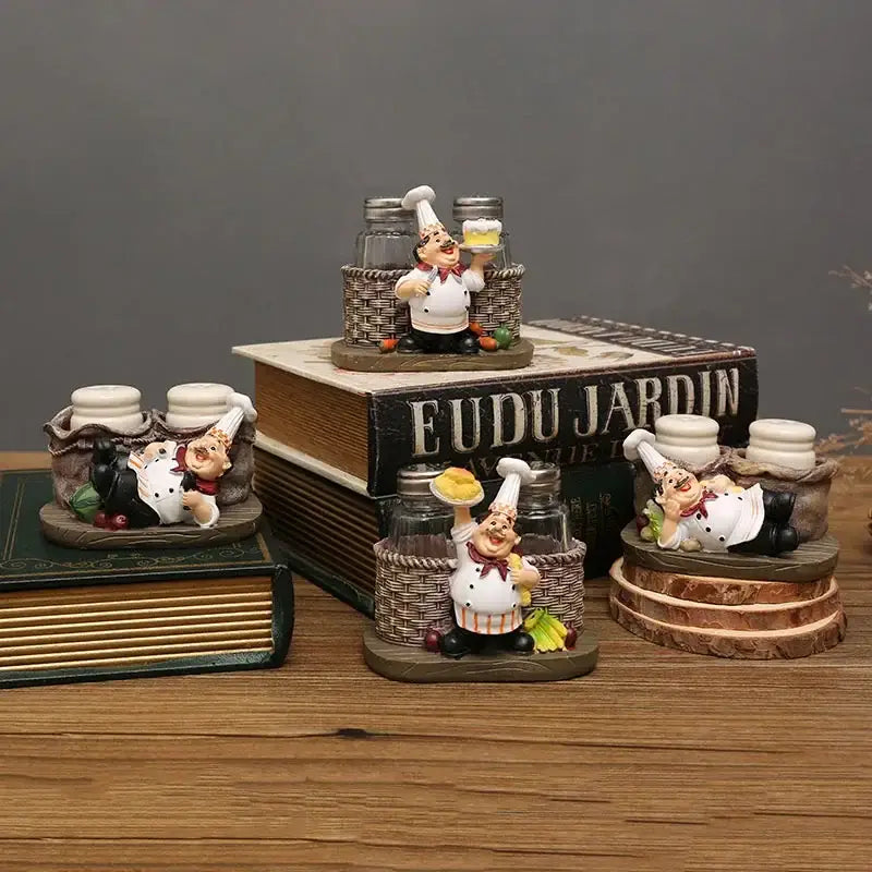 Whimsical white bearded chef resin figure set salt and pepper shakers with woven basket bases kitchen decor