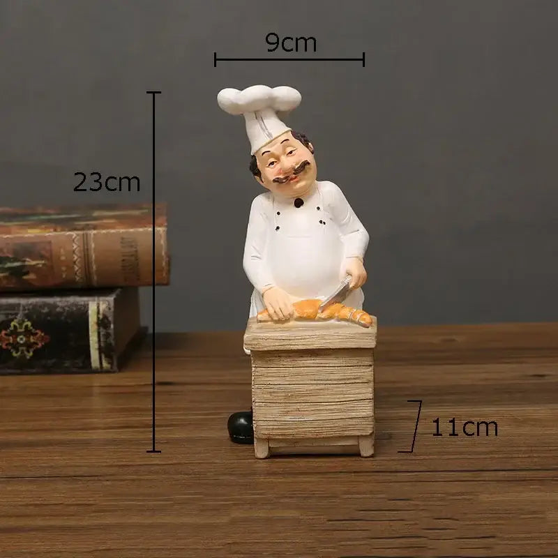 White bearded chef resin figure with tall hat and mustache chopping bread on wooden base kitchen decor
