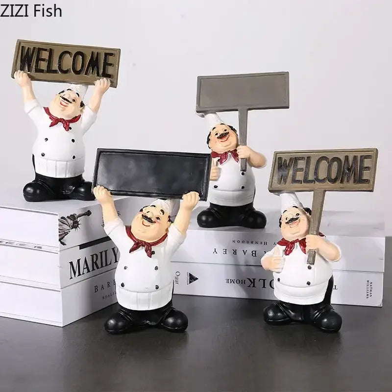 Set of four whimsical white bearded chef resin figures in uniforms holding wooden and chalkboard signs for kitchen decor