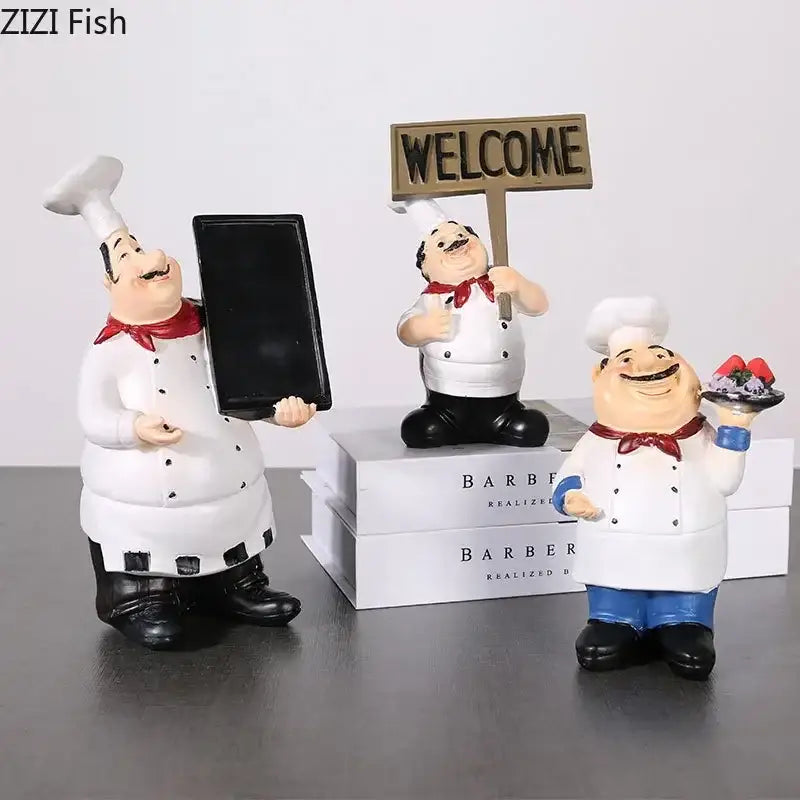 Whimsical white bearded chef resin figure set with three cartoonish chefs in uniforms for kitchen decor