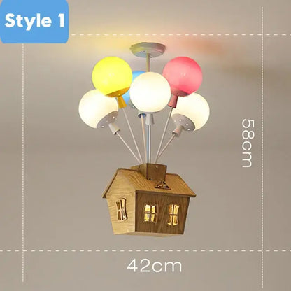 Wooden house-shaped ceiling chandelier with colorful balloon lamps designed as a whimsical balloon ceiling for nursery
