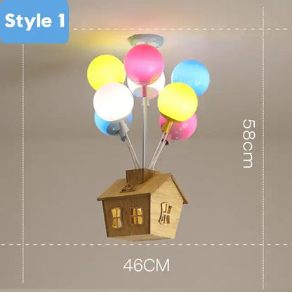Wooden house-shaped ceiling chandelier with colorful balloon globes designed as a balloon ceiling chandelier for nursery