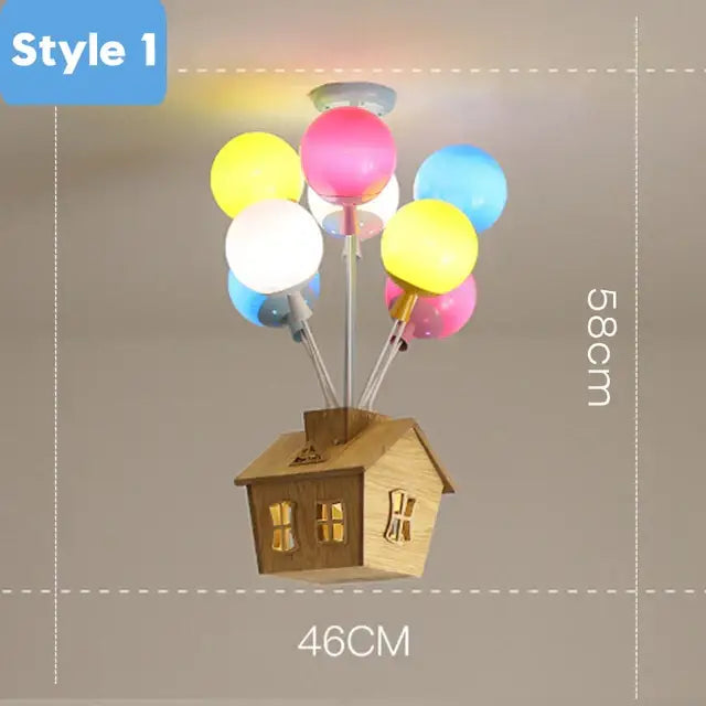 Wooden house-shaped ceiling chandelier with colorful balloon globes designed as a balloon ceiling chandelier for nursery