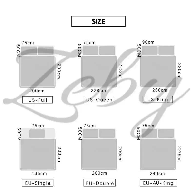 Size chart for mattress dimensions with us and eu sizing labels for white 3d pinch pleat duvet cover set bedroom bedding