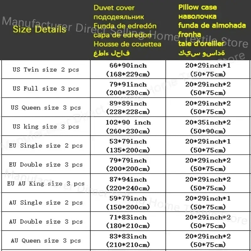 Table listing size details for the white 3d pinch pleat duvet cover set cover set with diamond pattern bedding