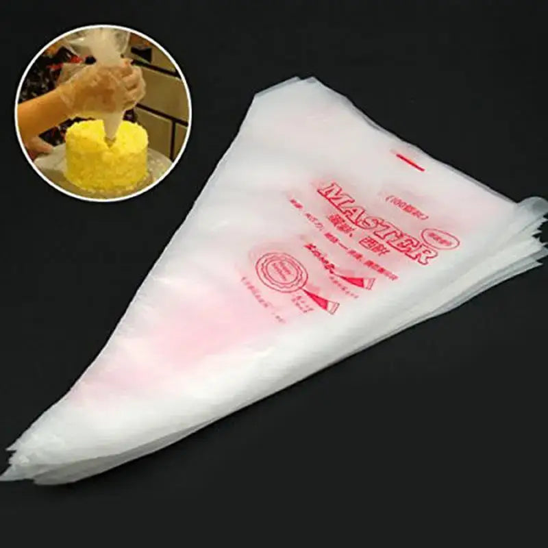 Transparent disposable pastry bags with red branding and a small inset showing piping frosting use for kitchen baking