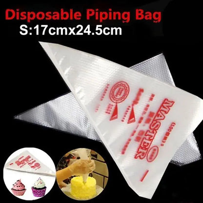 White 50 piece set of transparent disposable pastry bags with red master branding and measurement markings for baking use
