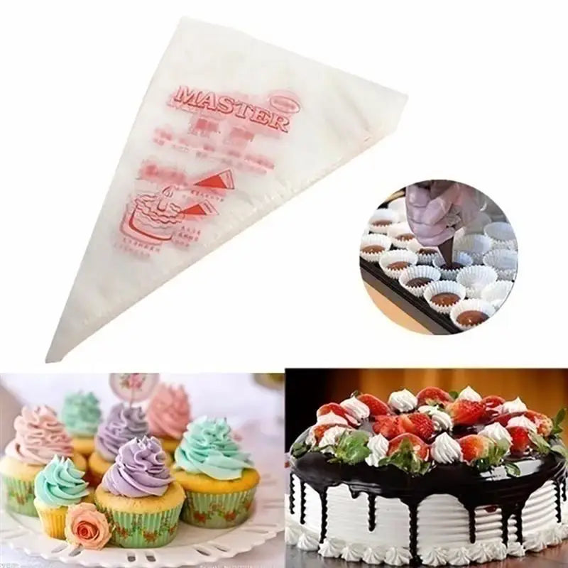 White 50 piece disposable pastry bags set featuring white plastic pastry bag with red master branding and instructional graphics