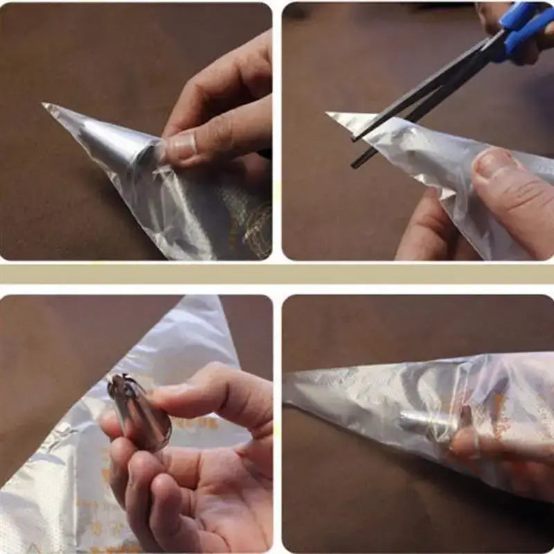 Silver metal piping tip in clear plastic bag included in white 50 piece disposable pastry bags and tips set for baking