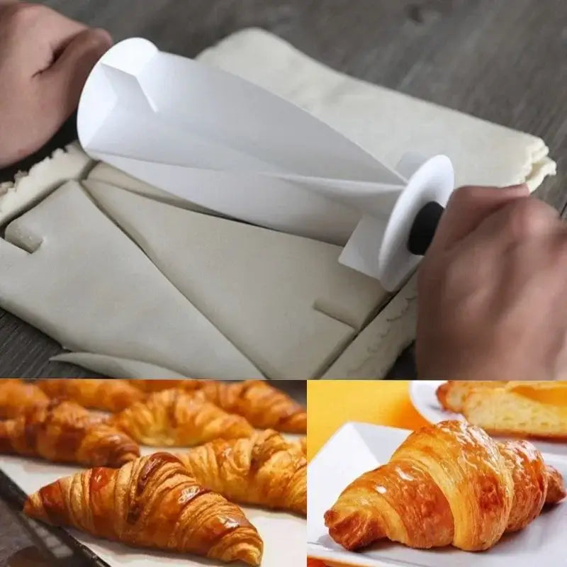 White plastic decorbites croissant bread wheel cutter with black handle for easily shaping dough into crescent forms