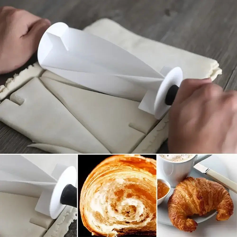 White and black plastic croissant bread wheel cutter with black handle for evenly slicing dough by decorbites croissant bread
