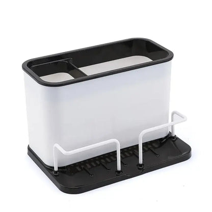 White and black plastic double grid cutlery organizer with divided top compartment and side-mounted wire racks