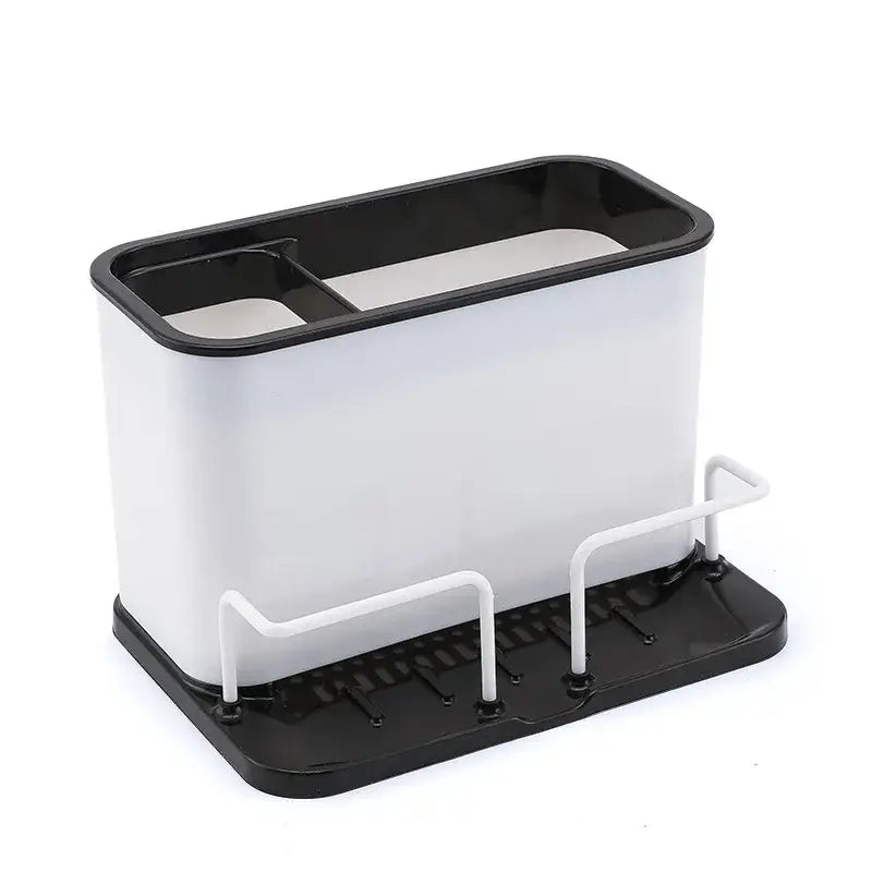 White and black plastic double grid cutlery organizer with divided top compartment and side-mounted wire racks