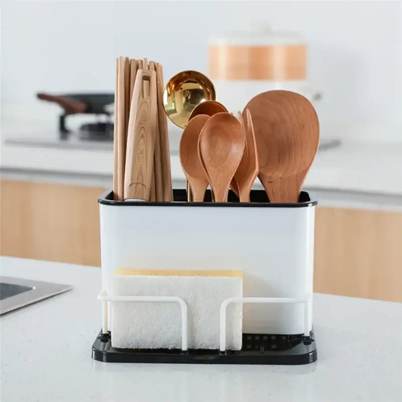 White and black plastic double grid cutlery organizer with sponge holder for kitchen utensil storage
