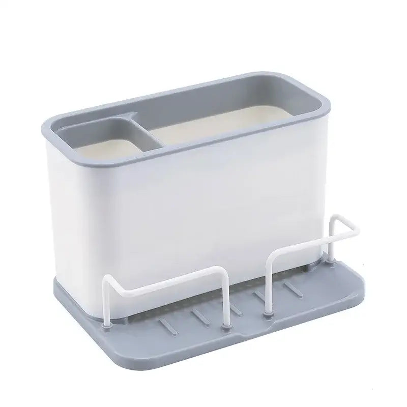 White and gray plastic kitchen utensil holder with double grid cutlery organizer and integrated dish rack base
