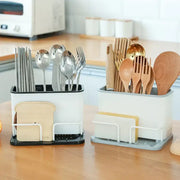 White and black double grid cutlery organizer with bread slice holder for kitchen utensil storage and organization