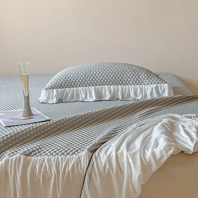 Gray quilted pillow sham with white ruffled edge in decorbites cool feeling bedding set for elegant bedroom decor