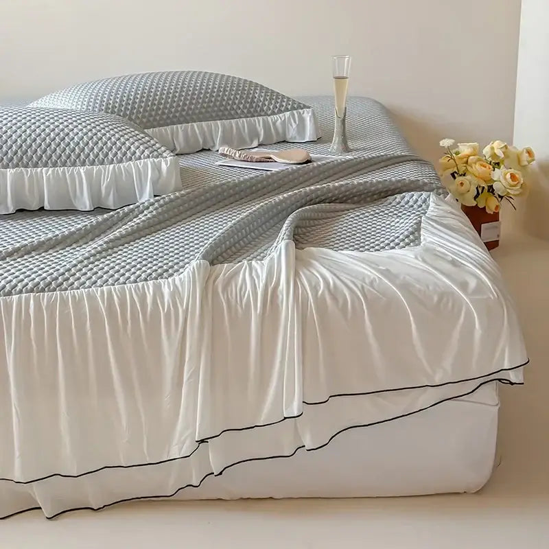 White ruffled bed skirt with black trim in decorbites cool feeling bedding set for elegant bedroom decor