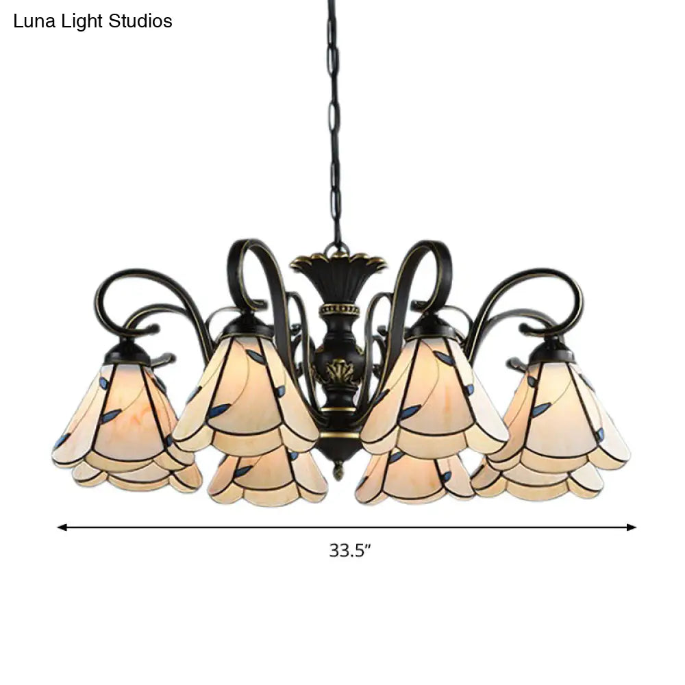 White and Blue Glass Conical Chandelier Lamp with Multiple Lights for Mediterranean Living Rooms