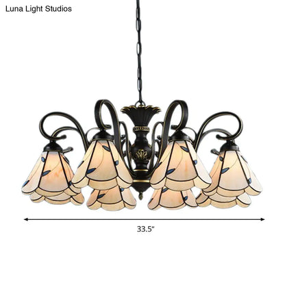 White and Blue Glass Conical Chandelier Lamp with Multiple Lights for Mediterranean Living Rooms