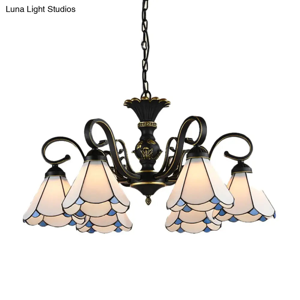 White and Blue Glass Conical Chandelier Lamp with Multiple Lights for Mediterranean Living Rooms
