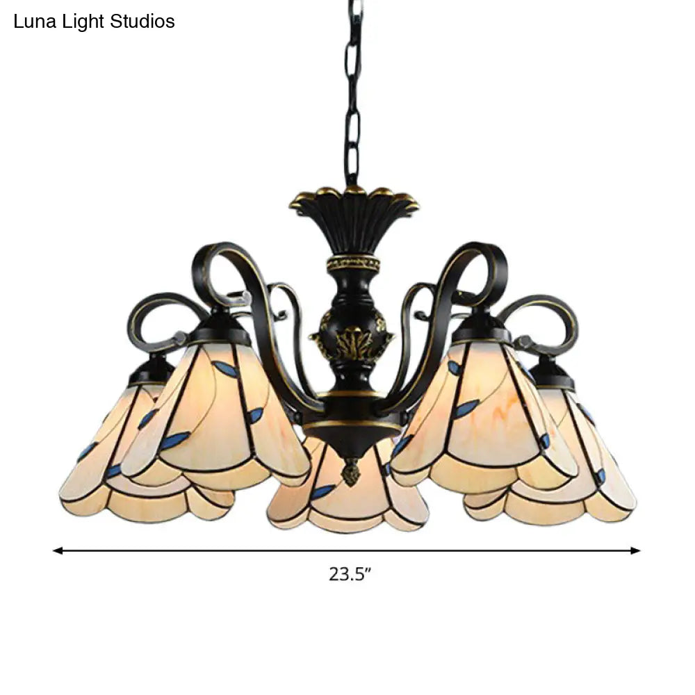 White and Blue Glass Conical Chandelier Lamp with Multiple Lights for Mediterranean Living Rooms