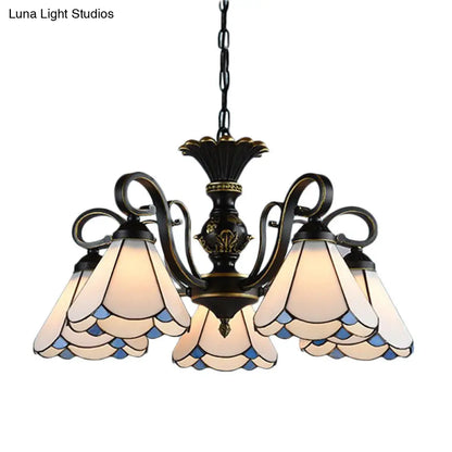 White and Blue Glass Conical Chandelier Lamp with Multiple Lights for Mediterranean Living Rooms
