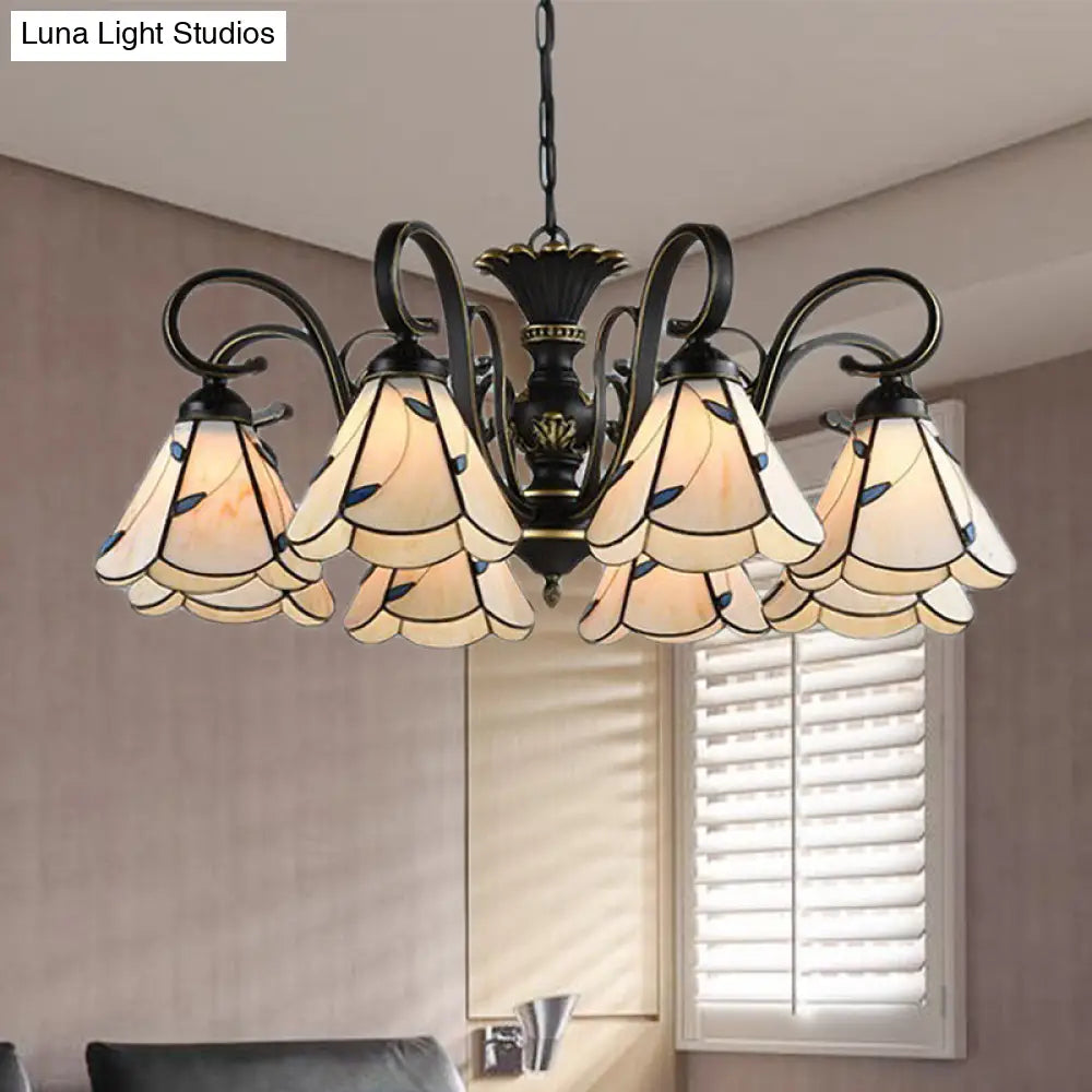 White and Blue Glass Conical Chandelier Lamp with Multiple Lights for Mediterranean Living Rooms