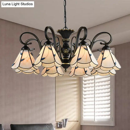 White and Blue Glass Conical Chandelier Lamp with Multiple Lights for Mediterranean Living Rooms