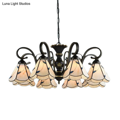 White and Blue Glass Conical Chandelier Lamp with Multiple Lights for Mediterranean Living Rooms