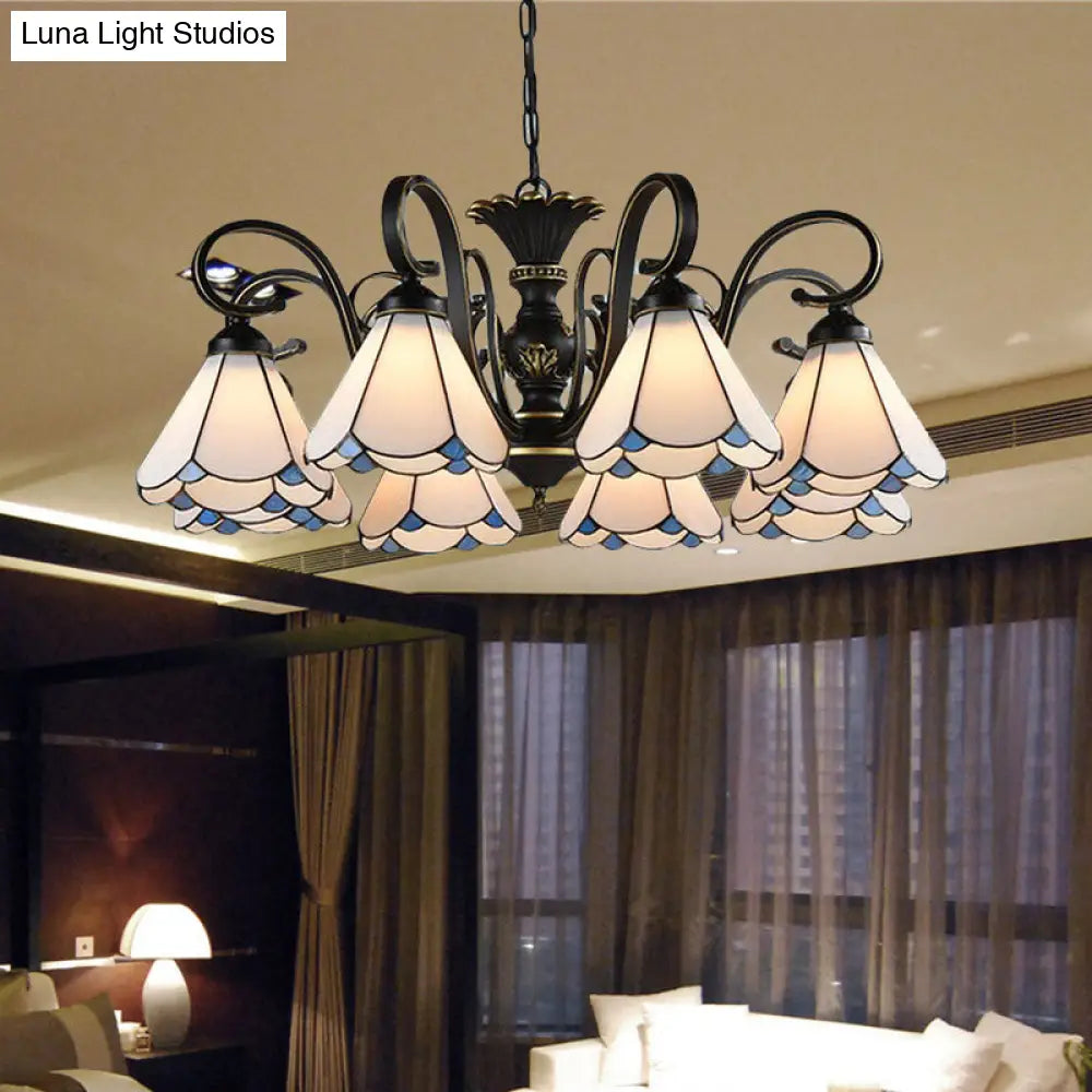 White and Blue Glass Conical Chandelier Lamp with Multiple Lights for Mediterranean Living Rooms