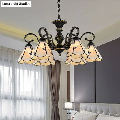 White and Blue Glass Conical Chandelier Lamp with Multiple Lights for Mediterranean Living Rooms