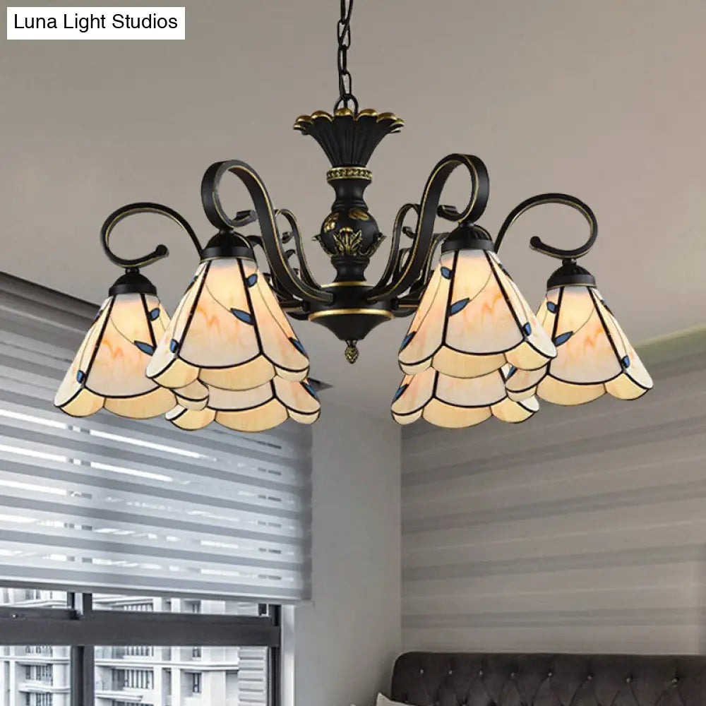 White and Blue Glass Conical Chandelier Lamp with Multiple Lights for Mediterranean Living Rooms