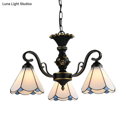 White and Blue Glass Conical Chandelier Lamp with Multiple Lights for Mediterranean Living Rooms