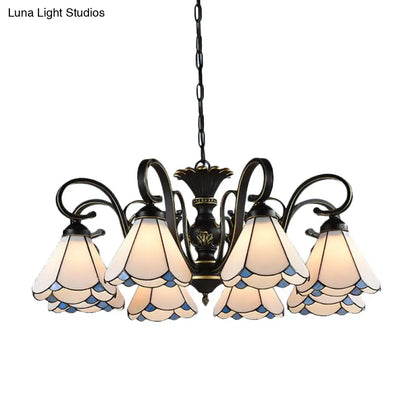White and Blue Glass Conical Chandelier Lamp with Multiple Lights for Mediterranean Living Rooms
